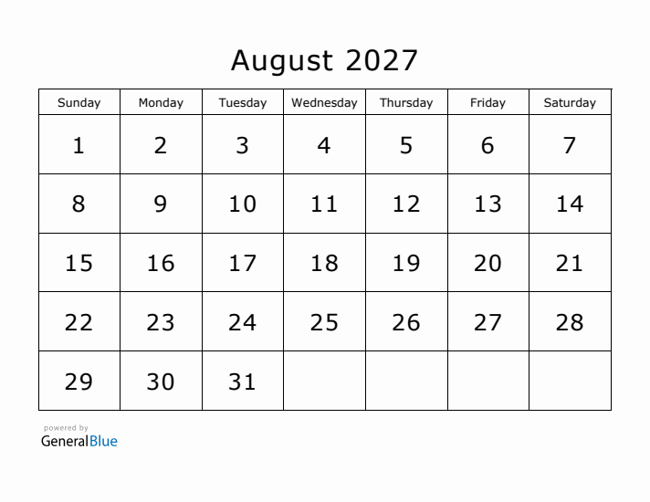 Printable August 2027 Calendar - Sunday Start