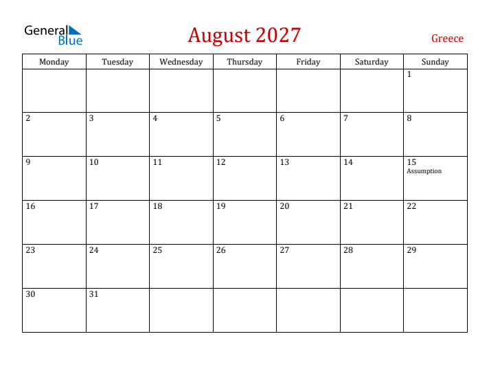 Greece August 2027 Calendar - Monday Start