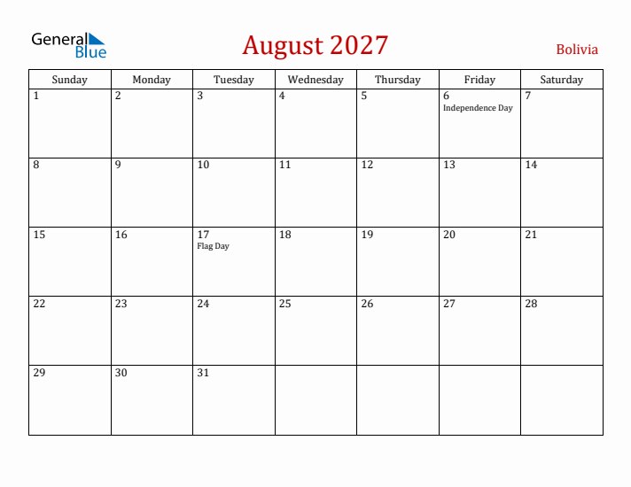 Bolivia August 2027 Calendar - Sunday Start