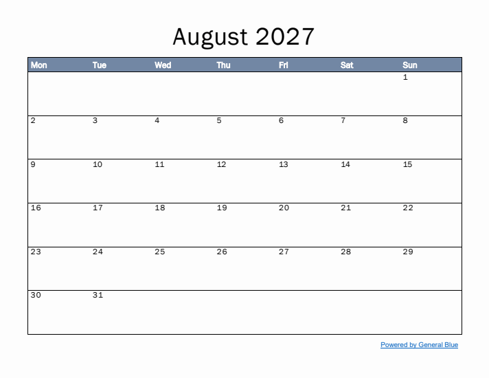 August 2027 Simple Month Calendar Template