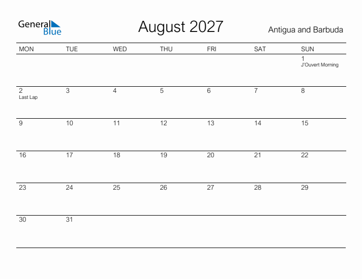 Printable August 2027 Calendar for Antigua and Barbuda