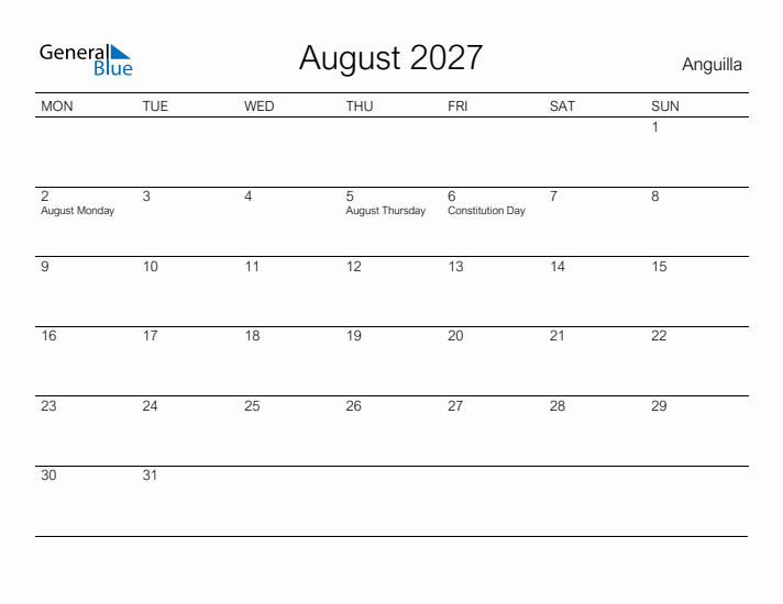 Printable August 2027 Calendar for Anguilla