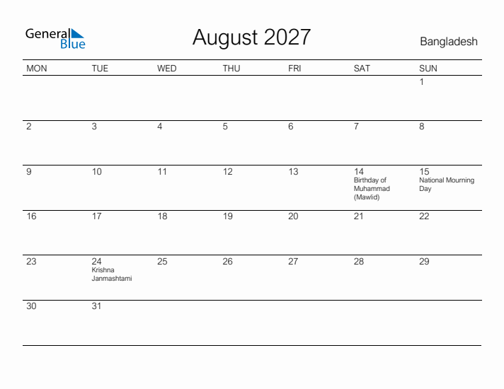 Printable August 2027 Calendar for Bangladesh