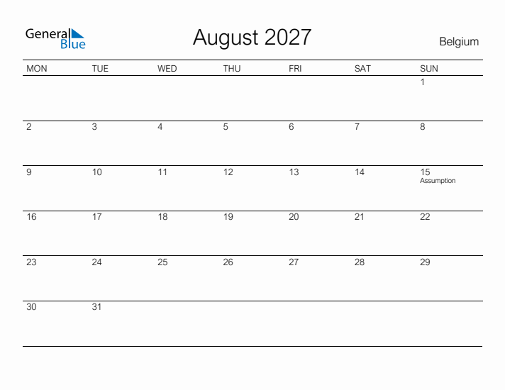 Printable August 2027 Calendar for Belgium