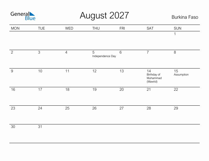 Printable August 2027 Calendar for Burkina Faso