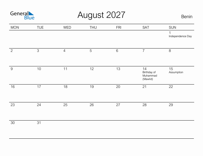 Printable August 2027 Calendar for Benin