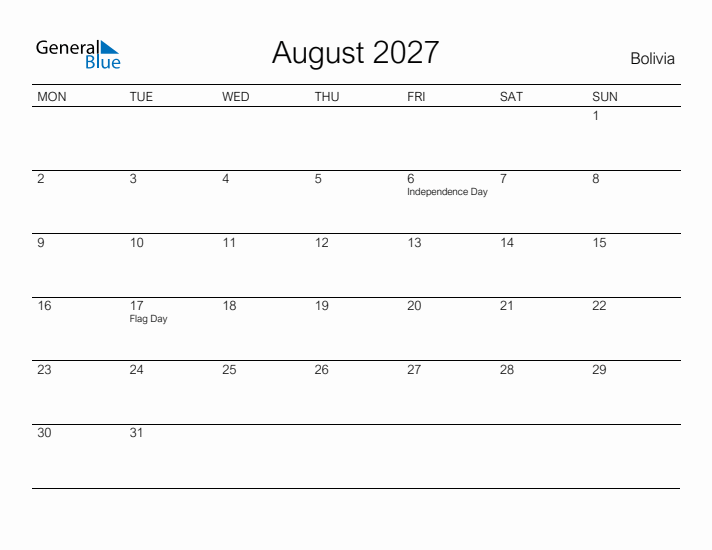 Printable August 2027 Calendar for Bolivia