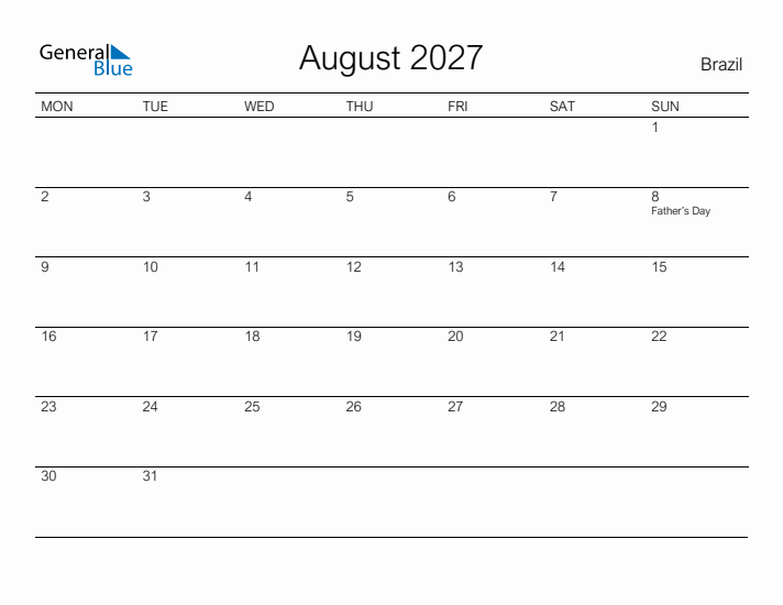 Printable August 2027 Calendar for Brazil