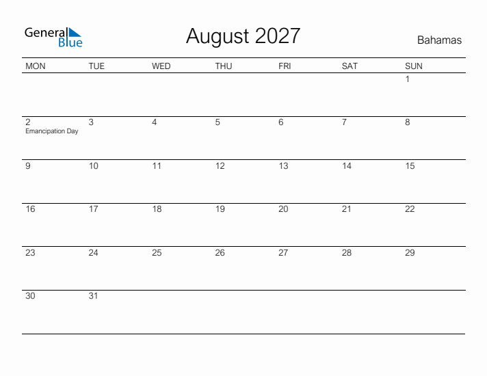 Printable August 2027 Calendar for Bahamas