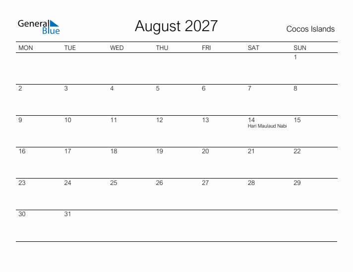 Printable August 2027 Calendar for Cocos Islands