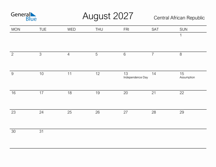 Printable August 2027 Calendar for Central African Republic