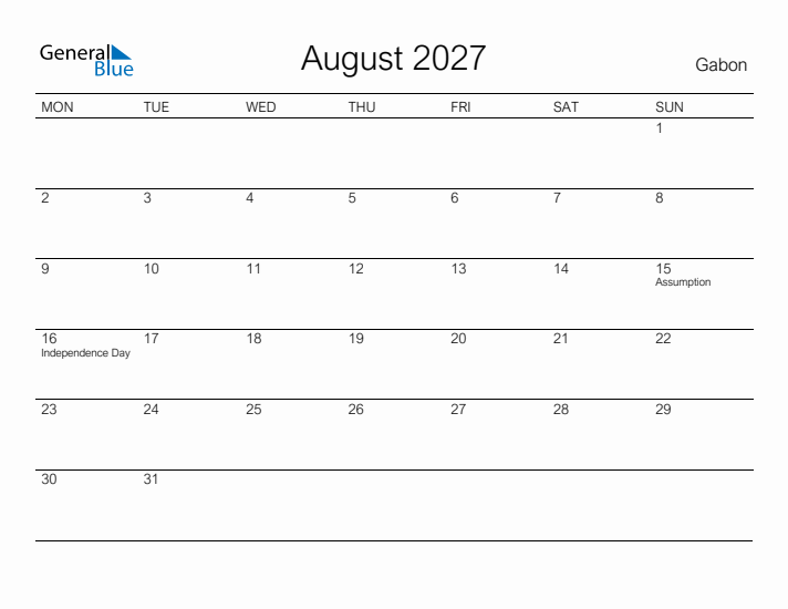 Printable August 2027 Calendar for Gabon