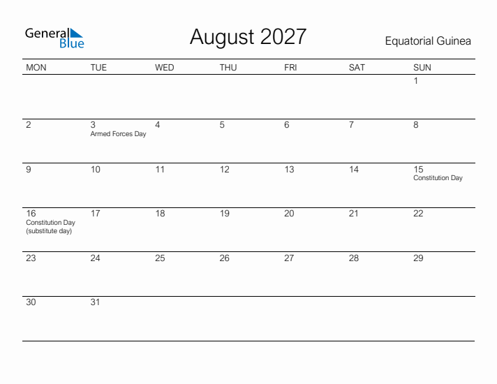 Printable August 2027 Calendar for Equatorial Guinea