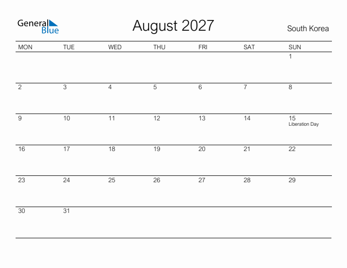 Printable August 2027 Calendar for South Korea