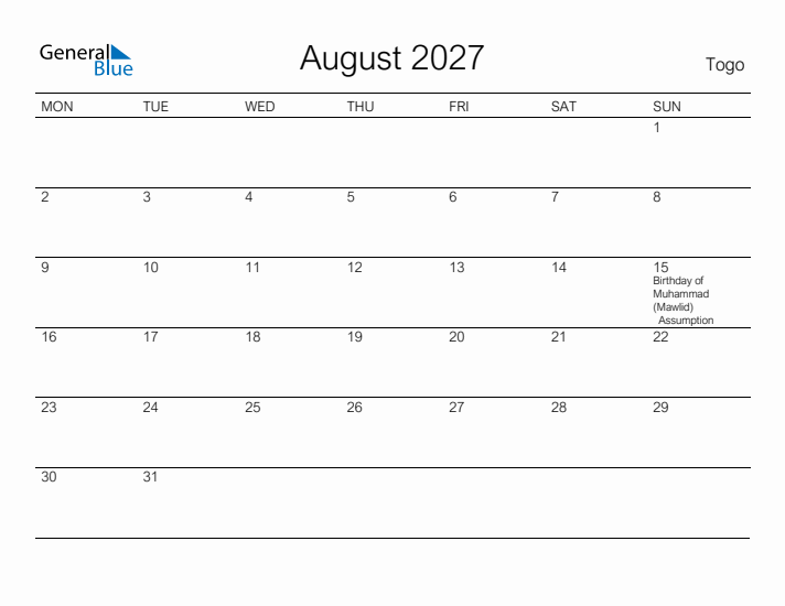 Printable August 2027 Calendar for Togo