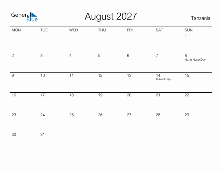 Printable August 2027 Calendar for Tanzania