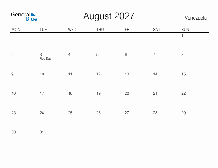 Printable August 2027 Calendar for Venezuela