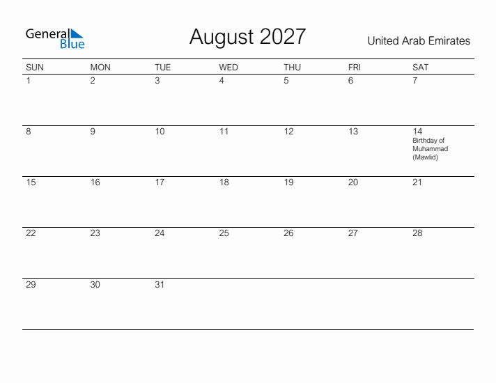 Printable August 2027 Calendar for United Arab Emirates