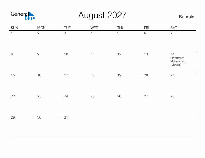 Printable August 2027 Calendar for Bahrain