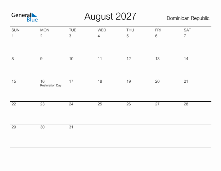 Printable August 2027 Calendar for Dominican Republic