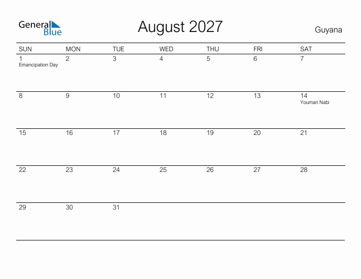 Printable August 2027 Calendar for Guyana