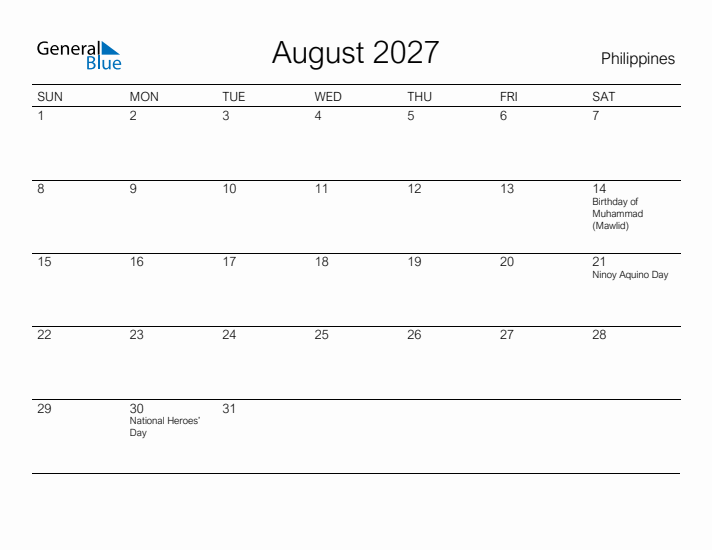 Printable August 2027 Calendar for Philippines