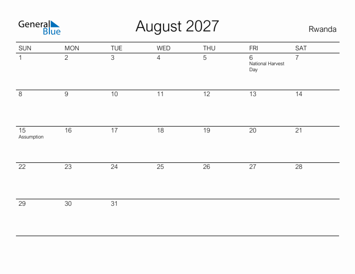 Printable August 2027 Calendar for Rwanda