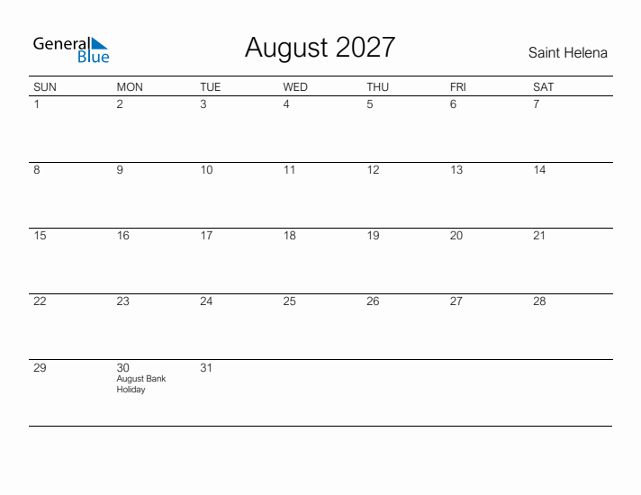 Printable August 2027 Calendar for Saint Helena