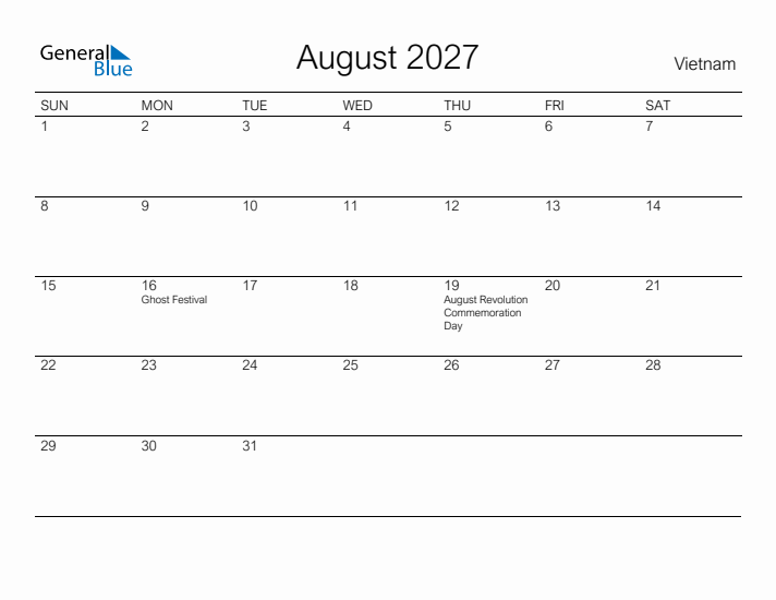 Printable August 2027 Calendar for Vietnam