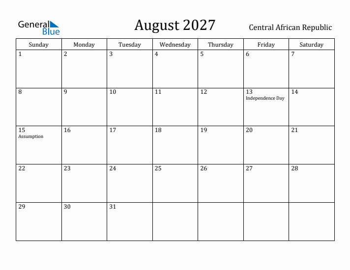 August 2027 Calendar Central African Republic