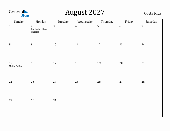 August 2027 Calendar Costa Rica