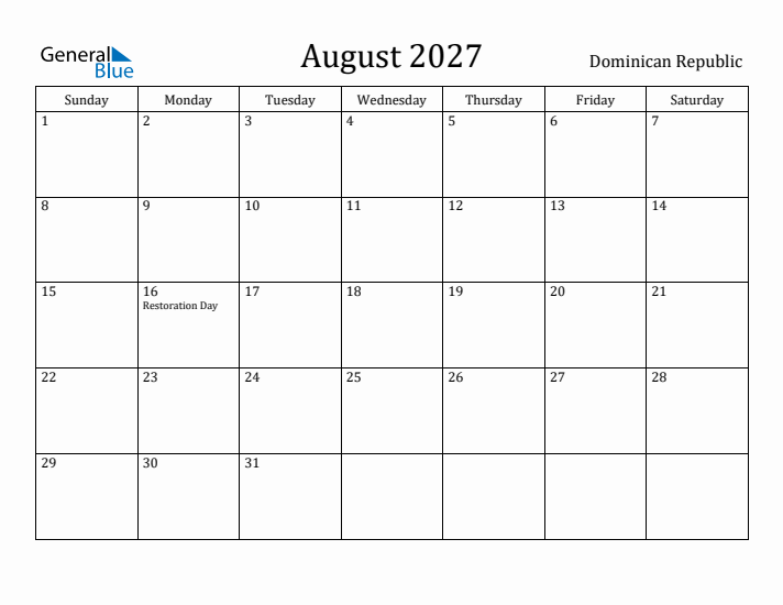 August 2027 Calendar Dominican Republic