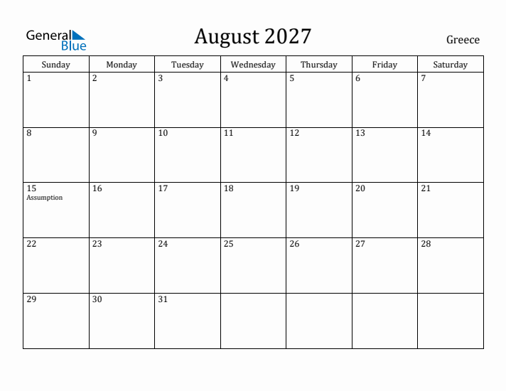 August 2027 Calendar Greece