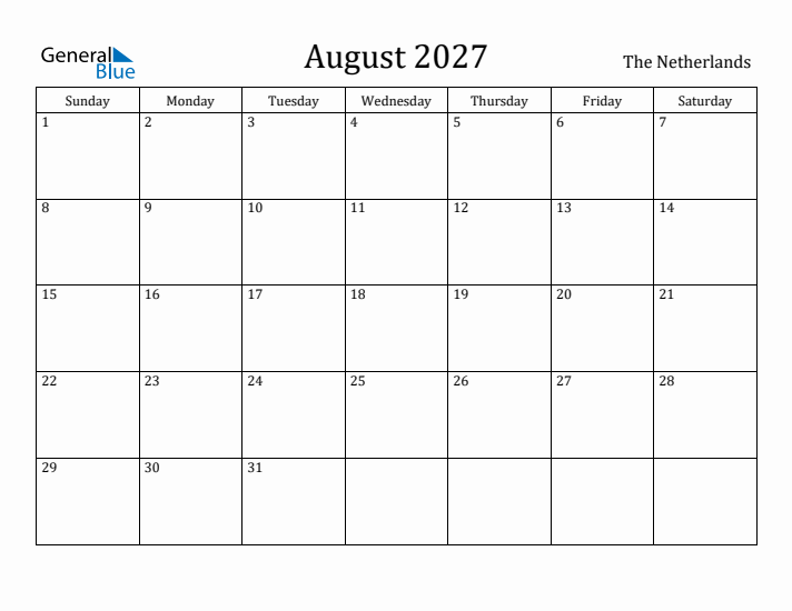 August 2027 Calendar The Netherlands