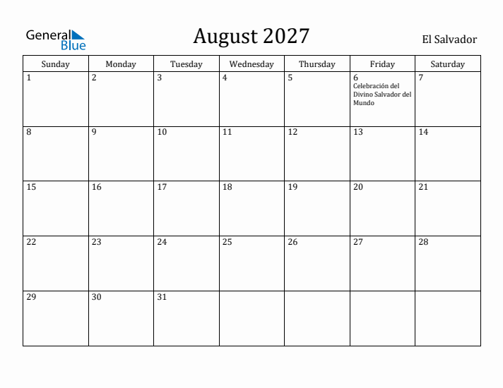 August 2027 Calendar El Salvador