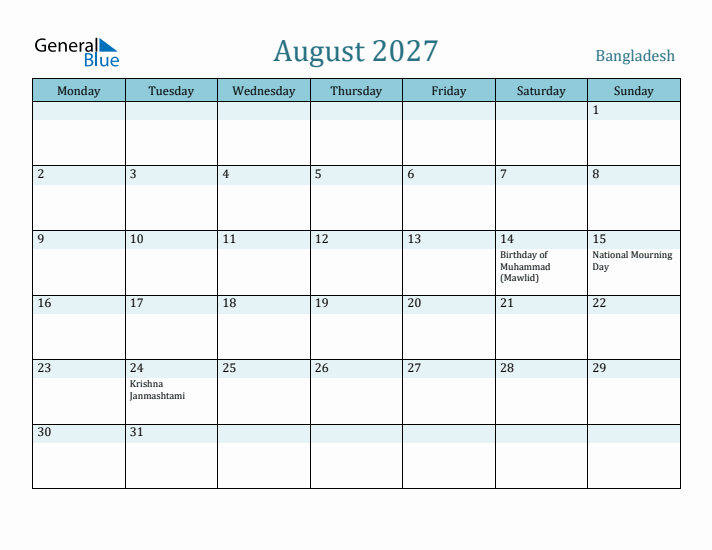 August 2027 Calendar with Holidays