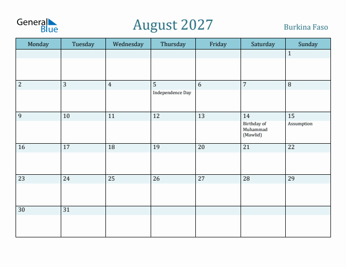 August 2027 Calendar with Holidays