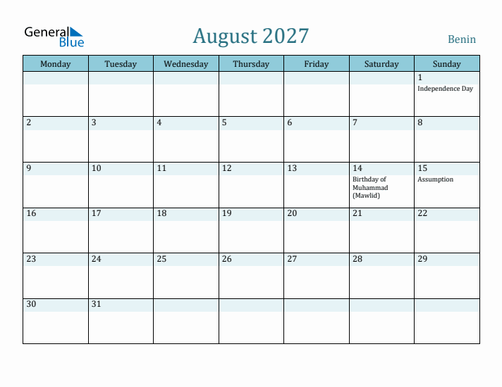 August 2027 Calendar with Holidays