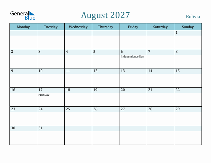 August 2027 Calendar with Holidays