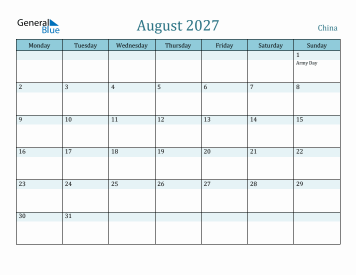 August 2027 Calendar with Holidays