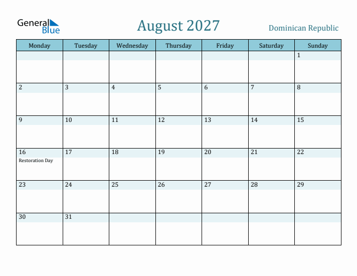 August 2027 Calendar with Holidays