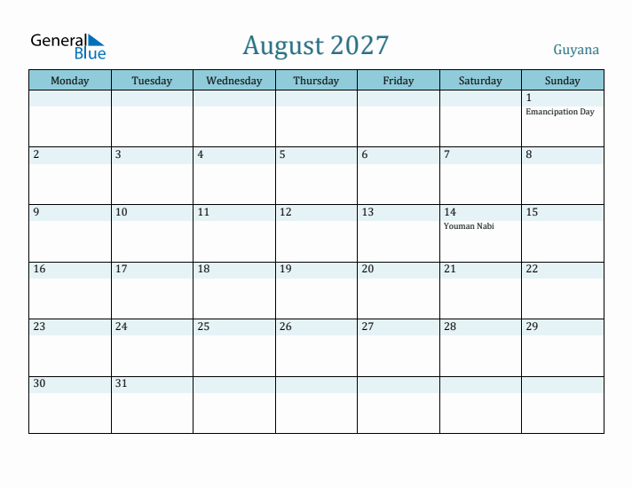 August 2027 Calendar with Holidays