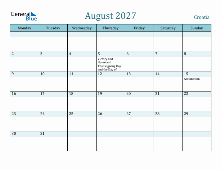 August 2027 Calendar with Holidays