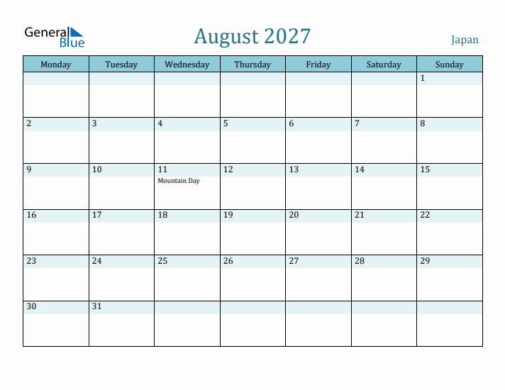 August 2027 Calendar with Holidays