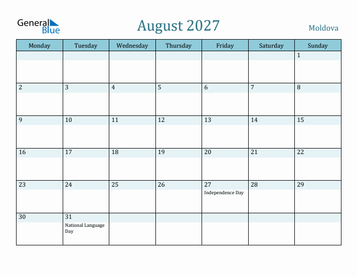 August 2027 Calendar with Holidays