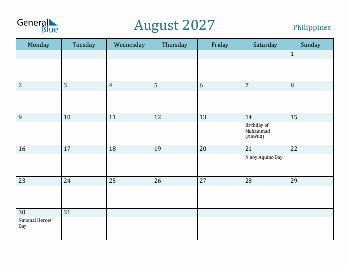 August 2027 Calendar with Holidays