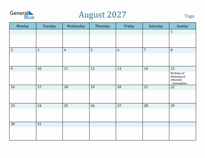 August 2027 Calendar with Holidays