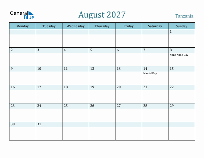 August 2027 Calendar with Holidays