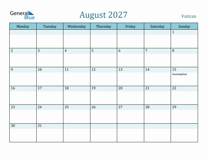 August 2027 Calendar with Holidays