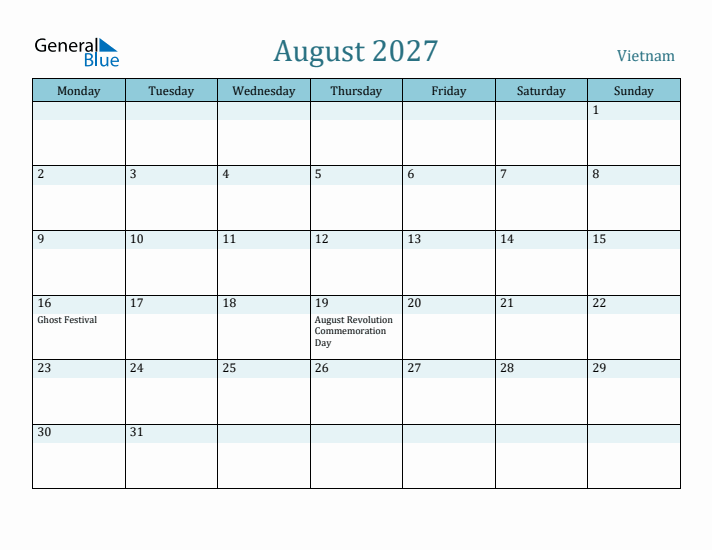 August 2027 Calendar with Holidays